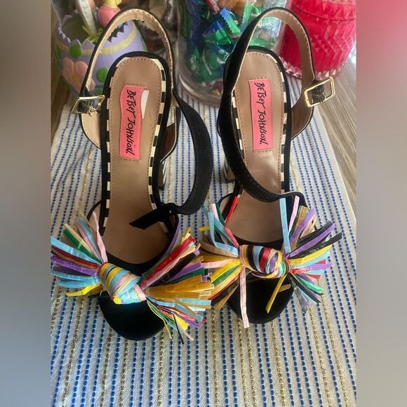 BETSEY JOHNSON 1970s Style Striped Pom Pom Platform Heels size 5.5 - Picture 2 of 16